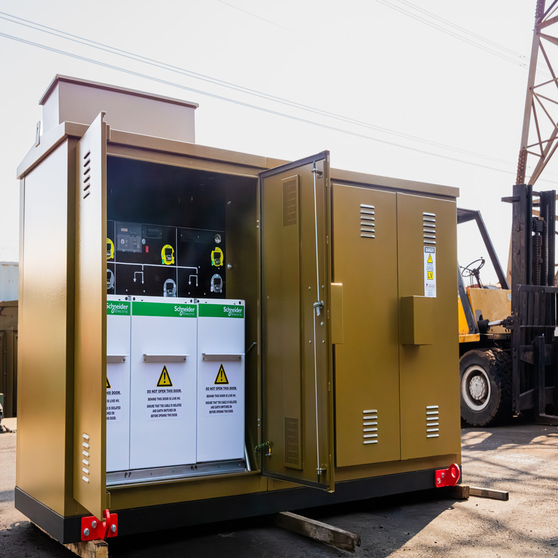 Refurbished mini substation with switchgear compartment open